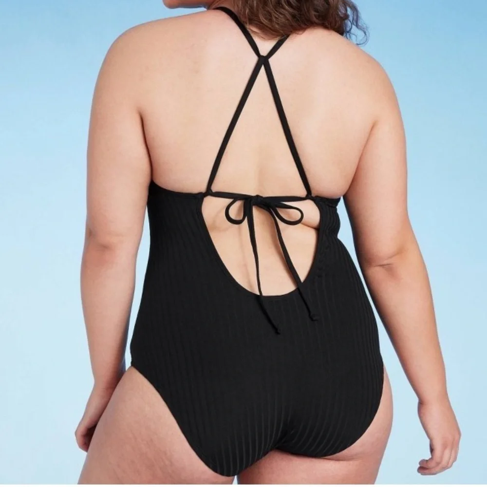Ribbed Bead Knot Detail One Piece Swimsuit Black NWT
